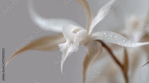 Close-up of a white orchid flower with water droplets on its petals. the flower is in focus, while the background is blurred, making it the focal point of the image.