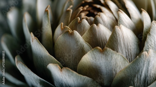 Close-up of an artichoke flower. the center of the flower is a deep brown color, with a few lighter brown spots scattered throughout.
