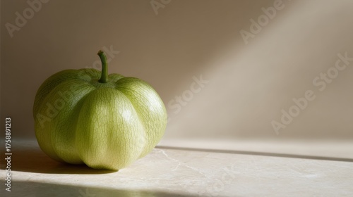 Close-up of a single green fruit on a white surface. the fruit appears to be a pumpkin or a squash, with a round shape and a stem attached to it.