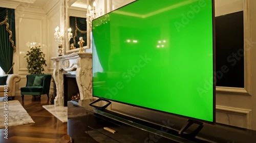 Elegant living room with green screen tv display for visual content