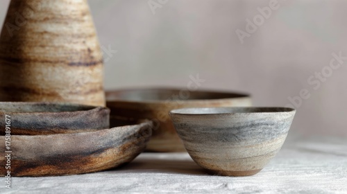 Three small ceramic bowls and a vase on a white surface. the bowls are of different sizes and shapes, with the largest one in the center and two smaller ones on either side.