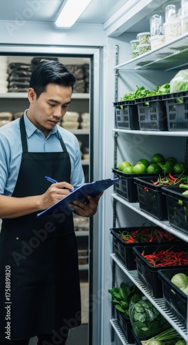 Thai food preparation in restaurant kitchen stocking fresh ingredients