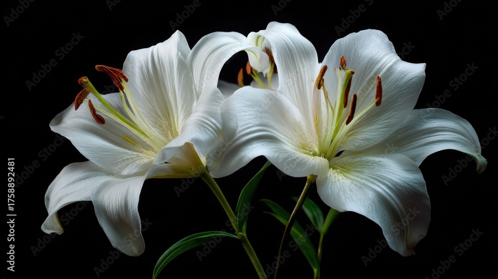 Fototapeta premium Elegant white lilies on a dark background, the purity and delicate beauty of the flowers contrasted against the darkness