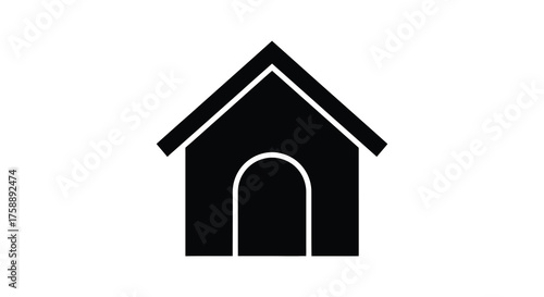 Simple black silhouette of a classic dog house with a peaked roof and arched doorway on a white background
