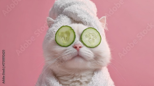 A white cat relaxes with cucumber slices on its eyes, enjoying a spa day