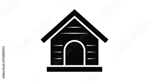 Simple black silhouette of a classic wooden dog house with a peaked roof and arched doorway on a white background