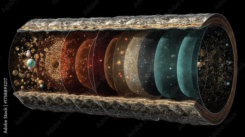 custom made wallpaper toronto digitalIllustration of a cross-section of the universe showing its evolution over time, with colorful layers. 