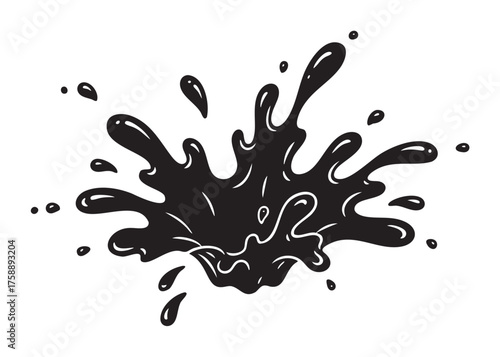 Black ink splash isolated, showing a dynamic array of droplets and splatters in an artistic and abstract form.