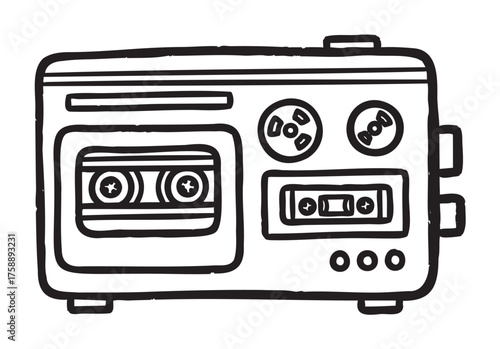 Black outline drawing of a vintage cassette player with visible buttons and dials, showcasing retro electronic design elements.