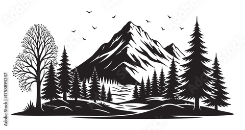Black and white silhouette illustration of a mountainous landscape with towering pine trees, a rugged mountain peak, and birds flying in the sky.
