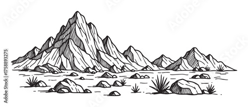 Hand-drawn illustration of a mountainous landscape with rugged peaks and scattered boulders in an arid terrain.