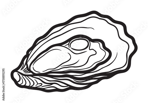 Black outline vector icon of an open oyster shell with detailed lines, depicting a single pearl nestled inside.