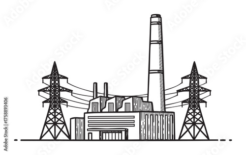 Black outline drawing of an industrial power plant with a tall chimney and adjacent electricity pylons. detailed design for engineering and energy concepts.