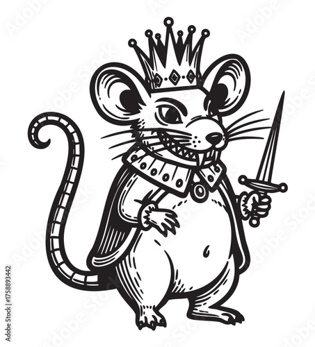 Black and white drawing of a royal rat wearing a crown and cape while holding a small sword, showcasing a mischievous grin.