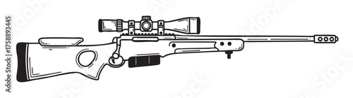 Black and white outline of a precision sniper rifle with a long barrel and attached scope, showcasing detailed design elements.