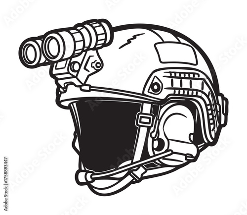 Black outline drawing of a tactical military helmet with a mounted night vision device and communication headset attached.