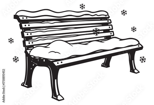 Black and white illustration of a snow-covered wooden park bench with snowflakes casually falling around it.