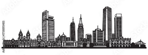 Black outline drawing of an urban skyline featuring a variety of skyscrapers and buildings in a linear arrangement, emphasizing architectural diversity.