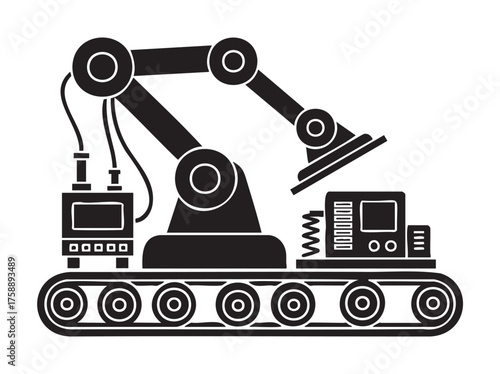 Black silhouette of an industrial robotic arm on a conveyor belt, equipped with technology for automation and manufacturing processes.