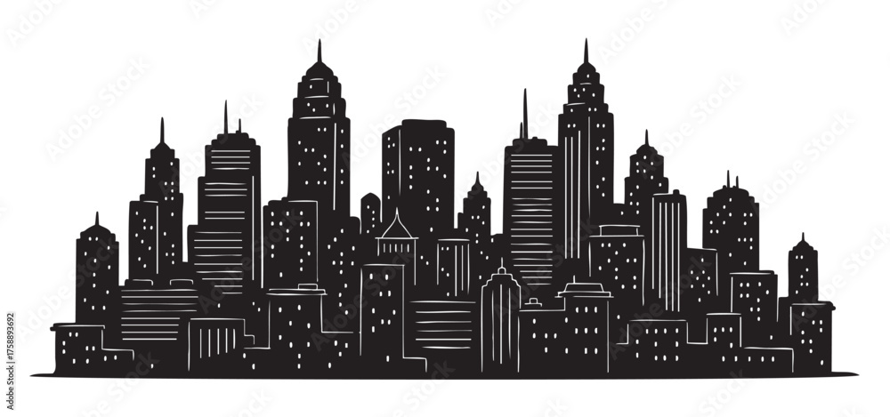 Naklejka premium Black silhouette of a city skyline with tall buildings and skyscrapers of varying architectural styles.