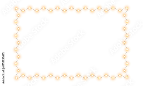 Warm glowing string lights or Christmas fairy lights frame or border with warm golden yellow and white illumination for festive event celebration and home decoration on transparent background