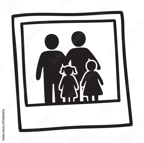 Black outline drawing of a family portrait showing two adult figures and two children inside a square border.