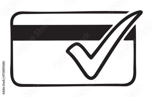Black and white outline of a credit card with a bold check mark overlayed, symbolizing approval or successful transaction.