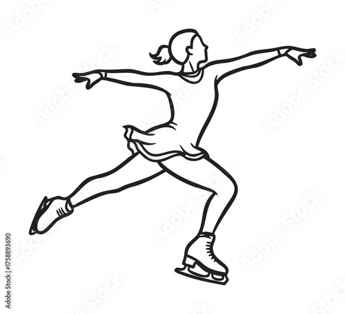 Black outline drawing of a female figure skater in a dynamic pose, arms extended, wearing a dress and ice skates.