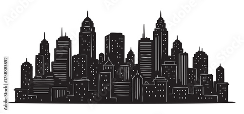 Black silhouette of a city skyline with tall buildings and skyscrapers of varying architectural styles.