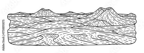 Black and white outline drawing of a volcanic mountain landscape featuring overlapping hills and rugged peak formations.