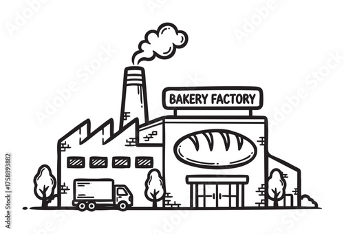 Monochrome line drawing of a bakery factory with a smoking chimney, delivery truck, trees, and bread emblem on the facade.