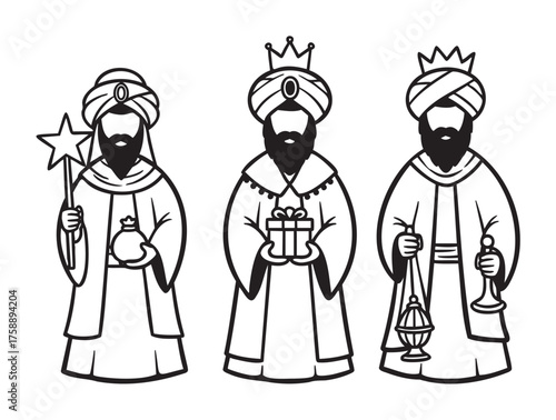 Black outline drawing of the three wise men, each holding gifts, wearing crowns and robes signifying the biblical story of the magi.