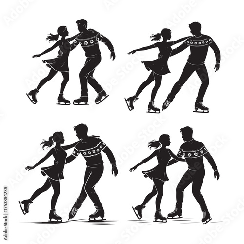 Elegant figure skating pairs silhouettes capturing graceful moments on ice