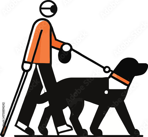 Blind person with guide dog and cane visually impaired