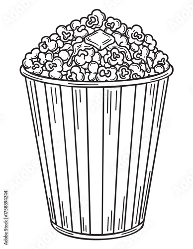 Black outline vector icon of a tall, striped bucket filled with popped popcorn, topped with a pat of butter. simple linear drawing for cinema, snacks, and entertainment themes.