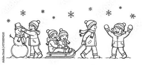 Black and white illustration of children playing in the snow, building a snowman, sledding, and having a snowball fight, wearing winter clothing.