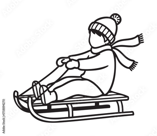 black and white child sledding winter scene clip art preview