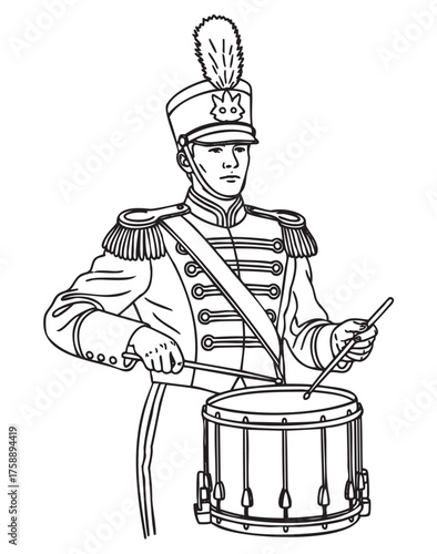 Male drummer in a marching band uniform playing a snare drum. he is wearing a decorated hat with a plume and a detailed military-style jacket.