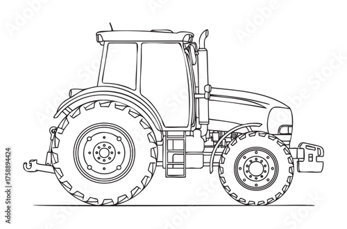 Black outline drawing of a modern agricultural tractor in side view with detailed wheels and cabin design.