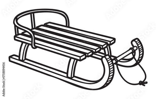 Black outline drawing of a wooden sled with a curved front handle and slatted seat, ideal for winter activities and snow play.