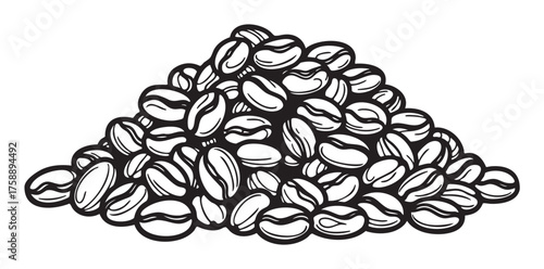 Black and white line drawing of a large pile of coffee beans, showcasing distinct textures and patterns in a concentrated arrangement.