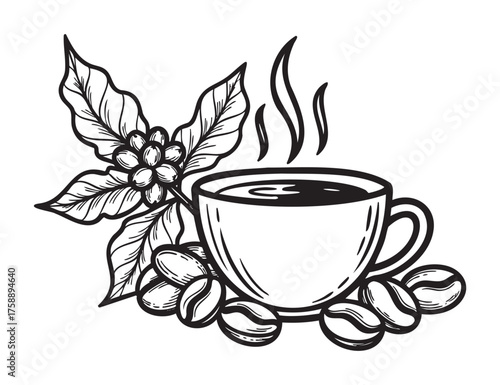 Black outline vector of a steaming coffee cup surrounded by coffee beans and detailed leaves, depicting a fresh and aromatic coffee concept.