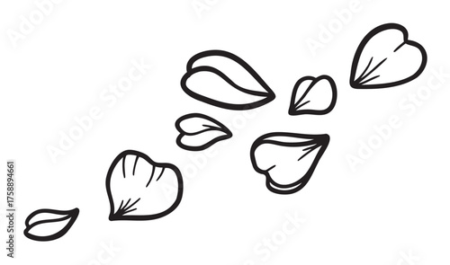Black outline drawing of various flower petals scattered randomly, showcasing different shapes and sizes.