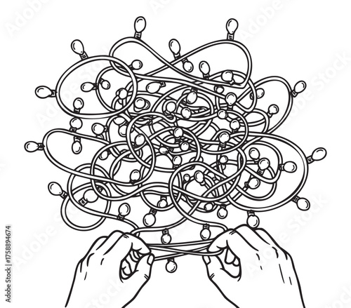 Black outline illustration of two hands trying to untangle a knotted string of holiday lights against a white background.