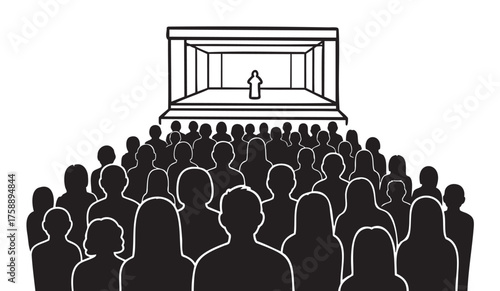 Black and white illustration of a crowded audience watching a performance on stage with a lone figure at the center.