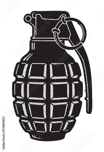 Black and white vintage-style illustration of a classic military hand grenade with a distinctive checkered pattern and safety pin.