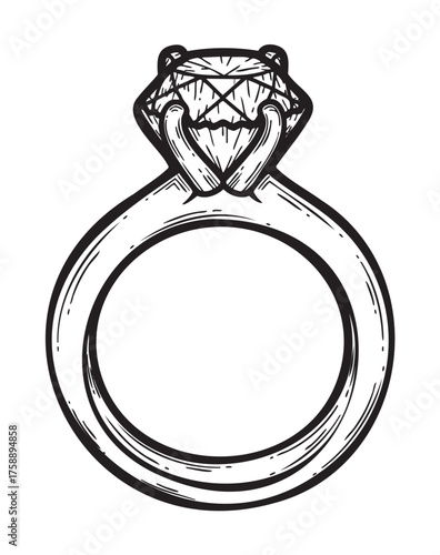 Black outline vector of a diamond engagement ring with a prominent gemstone and prong setting, symbolizing love and commitment.