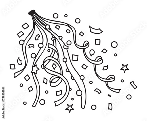 Black outline icon of a festive confetti explosion with swirling ribbons, stars, and scattered shapes, conveying celebration and joy.