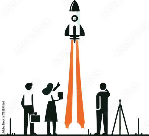Business team watching rocket launch with orange flames
