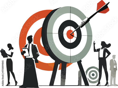 Business team with dart hitting target center hitting bullseye